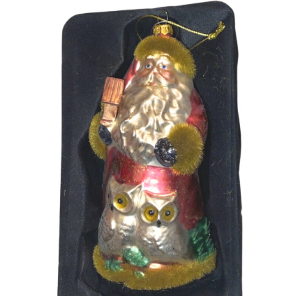 Santa and Owls Dillard’s Trimmings Blown Glass Christmas Tree Ornament